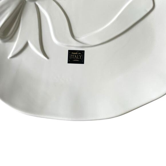 Handmade in Italy Embossed White Bow Ceramic Serving Platter 12x16 Oval NEW - Picture 5 of 16